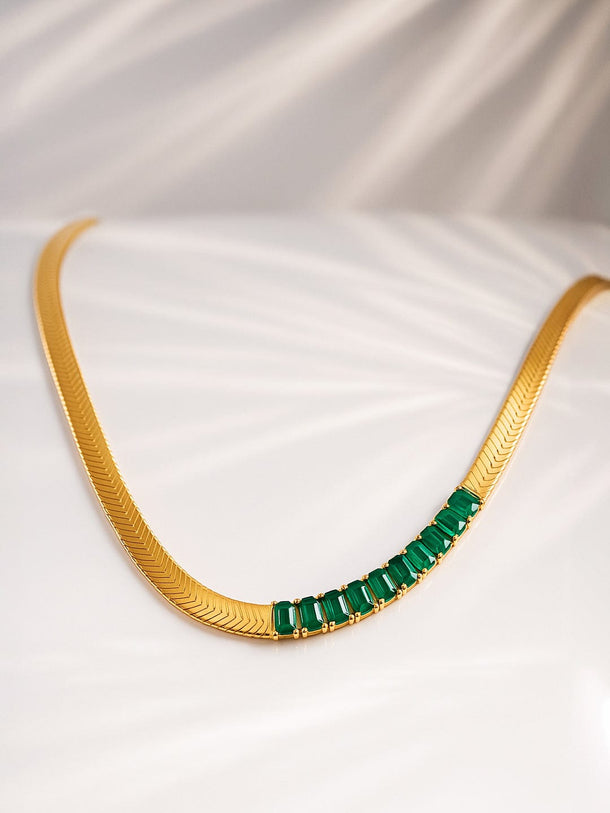 Rubans 18K Gold-Plated Stainless Steel Tarnish-Free Waterproof Emerald Green Stone Necklace Necklace & Chains