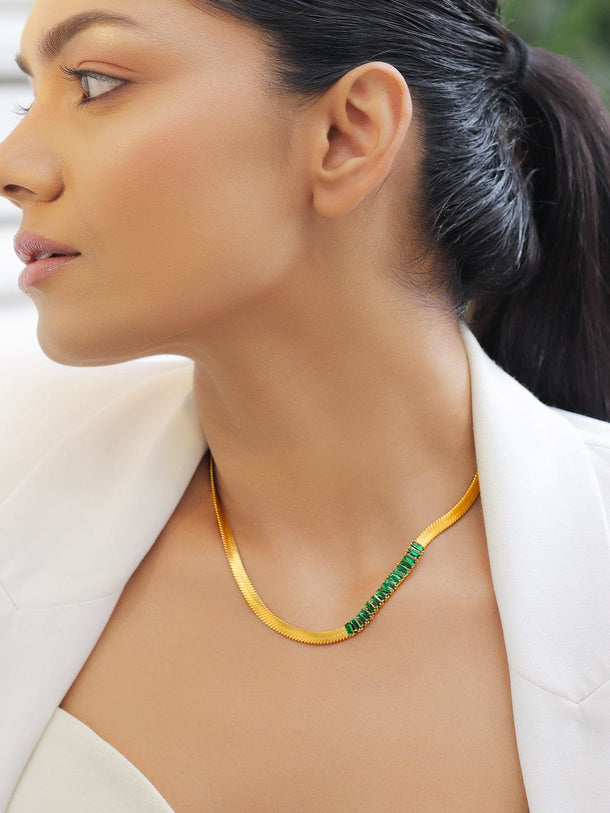 Rubans 18K Gold-Plated Stainless Steel Tarnish-Free Waterproof Emerald Green Stone Necklace Necklace & Chains