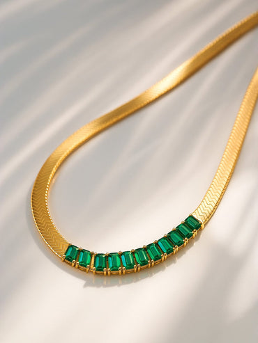 Rubans 18K Gold-Plated Stainless Steel Tarnish-Free Waterproof Emerald Green Stone Necklace Necklace & Chains