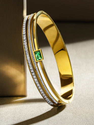 Rubans 18K Gold-Plated Stainless Steel Tarnish-Free Waterproof Emerald & Zirconia Bracelet Wristwear