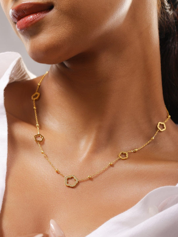 Rubans 18K Gold-Plated Stainless Steel Tarnish-Free Waterproof Floral Charm Necklace Necklace & Chains