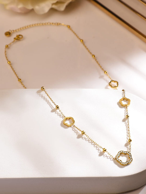 Rubans 18K Gold-Plated Stainless Steel Tarnish-Free Waterproof Floral Charm Necklace Necklace & Chains