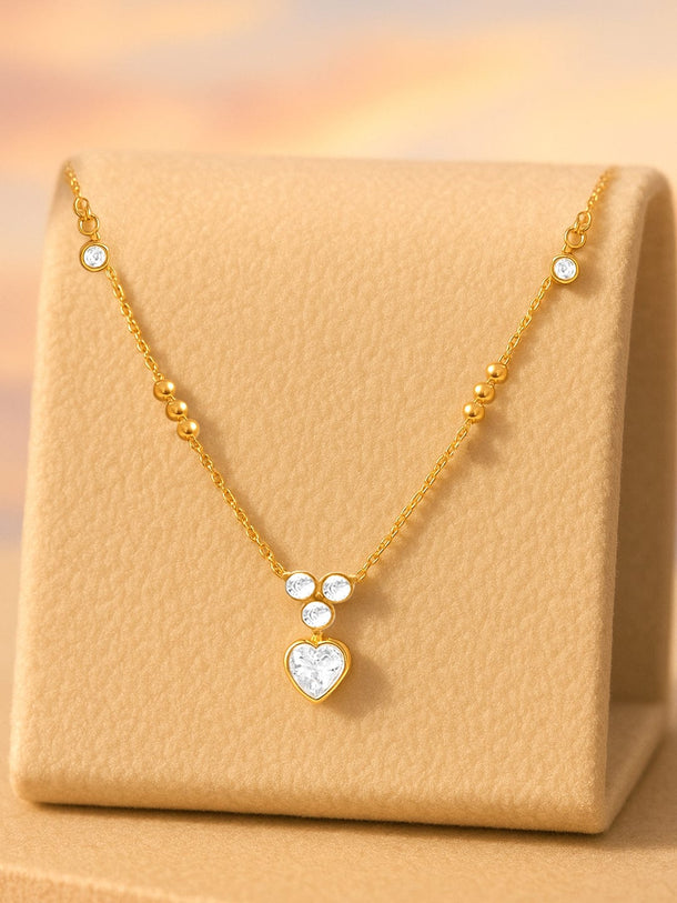 Rubans 18K Gold-Plated Stainless Steel Tarnish-Free Waterproof Heart Charm Chain Necklace with AD Stone Detailing Necklace & Chains