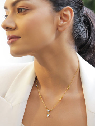 Rubans 18K Gold-Plated Stainless Steel Tarnish-Free Waterproof Heart Charm Chain Necklace with AD Stone Detailing Necklace & Chains