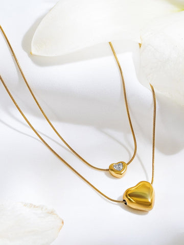 Rubans 18K Gold-Plated Stainless Steel Tarnish-Free Waterproof Heart Charm Double Layer Necklace with AD Studded Detailing Necklace and Chains