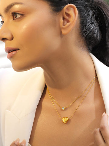 Rubans 18K Gold-Plated Stainless Steel Tarnish-Free Waterproof Heart Charm Double Layer Necklace with AD Studded Detailing Necklace & Chains