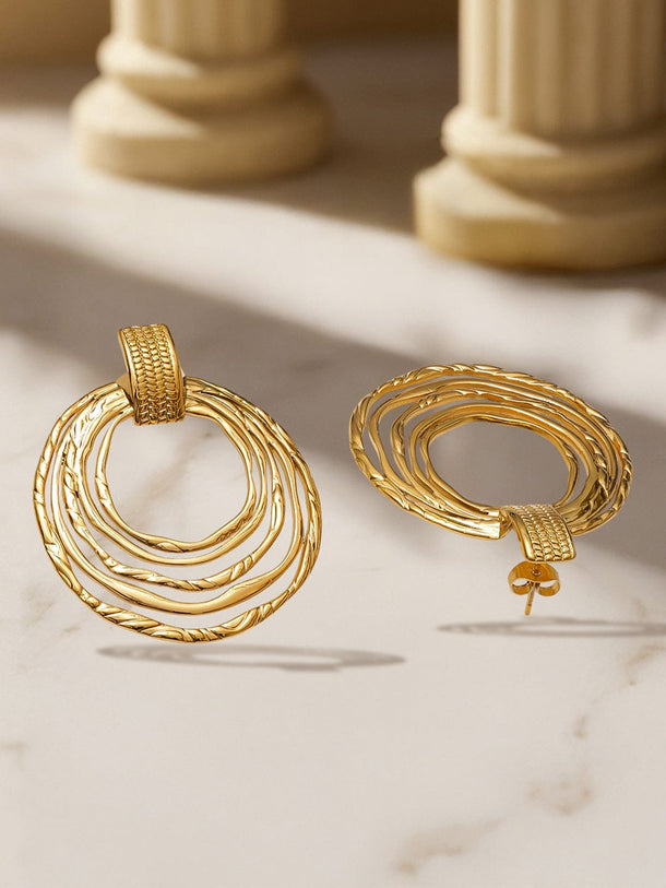 Rubans 18K Gold-Plated Stainless Steel Tarnish-Free Waterproof Multi-Ring Textured Hoop Drop Earring Earrings