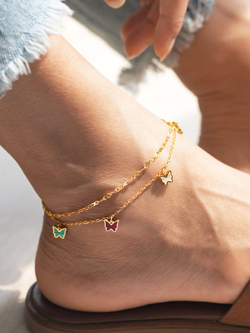 Rubans 18K Gold-Plated Stainless Steel Tarnish-Free Waterproof Multicolor Butterfly Anklet Anklets