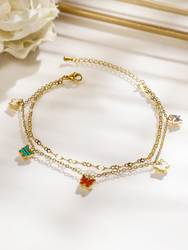 Rubans 18K Gold-Plated Stainless Steel Tarnish-Free Waterproof Multicolor Butterfly Anklet Anklets