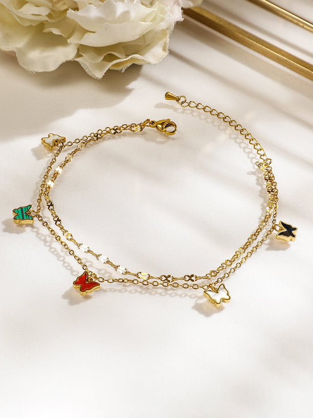 Rubans 18K Gold-Plated Stainless Steel Tarnish-Free Waterproof Multicolor Butterfly Anklet Anklets