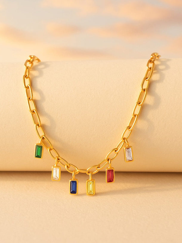 Rubans 18K Gold-Plated Stainless Steel Tarnish-Free Waterproof Multicolor Stone Charm Chain Necklace Chain & Necklace