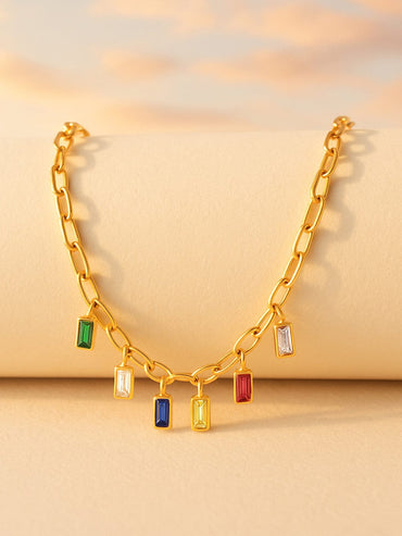 Rubans 18K Gold-Plated Stainless Steel Tarnish-Free Waterproof Multicolor Stone Charm Chain Necklace Necklace & Chains