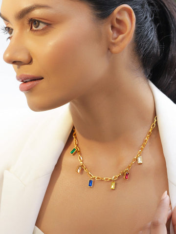Rubans 18K Gold-Plated Stainless Steel Tarnish-Free Waterproof Multicolor Stone Charm Chain Necklace Necklace & Chains