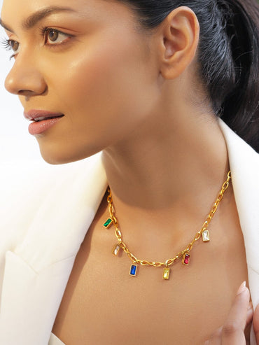 Rubans 18K Gold-Plated Stainless Steel Tarnish-Free Waterproof Multicolor Stone Charm Chain Necklace Necklace & Chains
