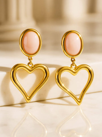 Rubans 18K Gold-Plated Stainless Steel Tarnish-Free Waterproof Pink Stone Heart Drop Earrings Drop Earring