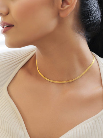 Rubans 18K Gold-Plated Stainless Steel Tarnish-Free Waterproof Sleek Flat Chain Choker Necklace Chain & Necklace