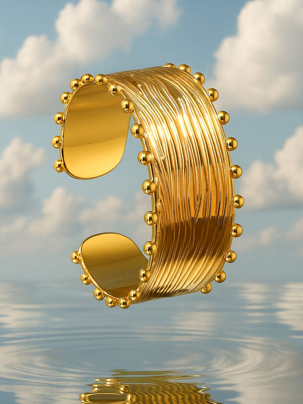 Rubans 18K Gold-Plated Stainless Steel Tarnish-Free Waterproof Textured Beaded Cuff Bracelet Bracelet