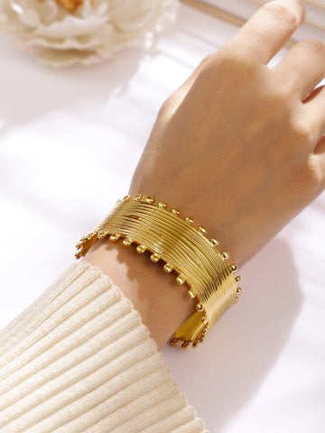 Rubans 18K Gold-Plated Stainless Steel Tarnish-Free Waterproof Textured Beaded Cuff Bracelet Wristwear