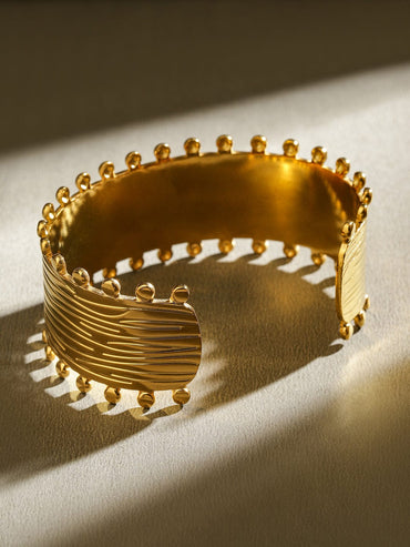 Rubans 18K Gold-Plated Stainless Steel Tarnish-Free Waterproof Textured Beaded Cuff Bracelet Wristwear