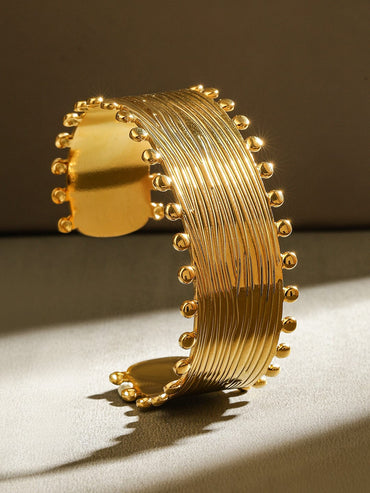 Rubans 18K Gold-Plated Stainless Steel Tarnish-Free Waterproof Textured Beaded Cuff Bracelet Wristwear