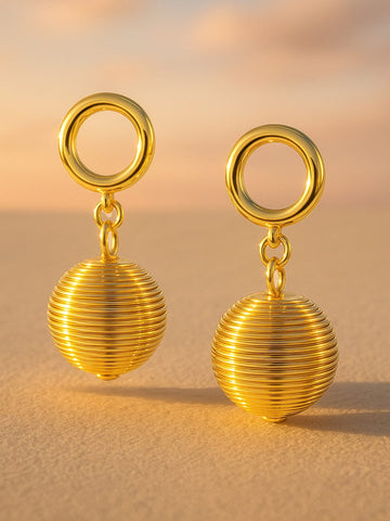 Rubans 18K Gold-Plated Stainless Steel Tarnish-Free Waterproof Textured Sphere Hoop Drop Earrings Drop Earrings