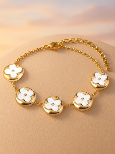 Rubans 18K Gold-Plated Stainless Steel Tarnish-Free Waterproof White Clover Charm Bracelet Bracelet