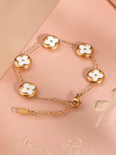 Rubans 18K Gold-Plated Stainless Steel Tarnish-Free Waterproof White Clover Charm Bracelet Wristwear