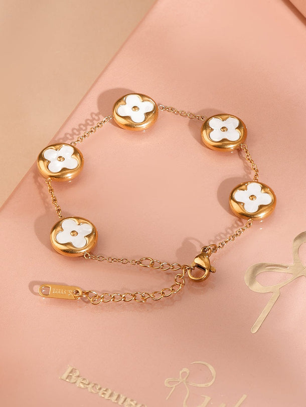 Rubans 18K Gold-Plated Stainless Steel Tarnish-Free Waterproof White Clover Charm Bracelet Wristwear