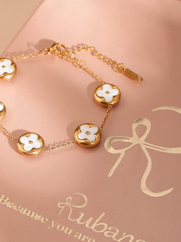 Rubans 18K Gold-Plated Stainless Steel Tarnish-Free Waterproof White Clover Charm Bracelet Wristwear