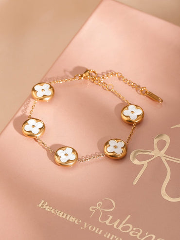 Rubans 18K Gold-Plated Stainless Steel Tarnish-Free Waterproof White Clover Charm Bracelet Wristwear