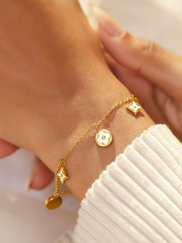 Rubans 18K Gold-Plated Stainless Steel Tarnish-Free Waterproof White Enamel Floral Charm Bracelet Bracelet