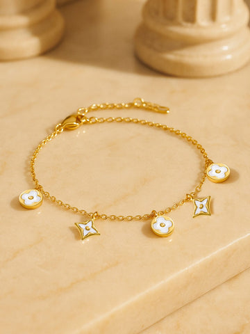 Rubans 18K Gold-Plated Stainless Steel Tarnish-Free Waterproof White Enamel Floral Charm Bracelet Bracelet