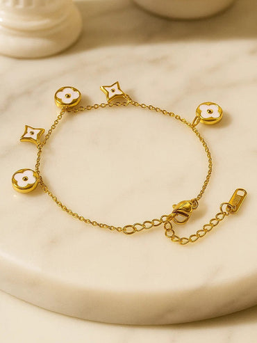 Rubans 18K Gold-Plated Stainless Steel Tarnish-Free Waterproof White Enamel Floral Charm Bracelet Bracelet
