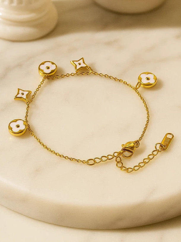Rubans 18K Gold-Plated Stainless Steel Tarnish-Free Waterproof White Enamel Floral Charm Bracelet Bracelet