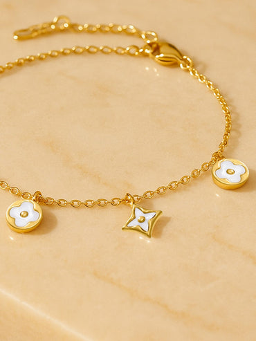 Rubans 18K Gold-Plated Stainless Steel Tarnish-Free Waterproof White Enamel Floral Charm Bracelet Bracelet