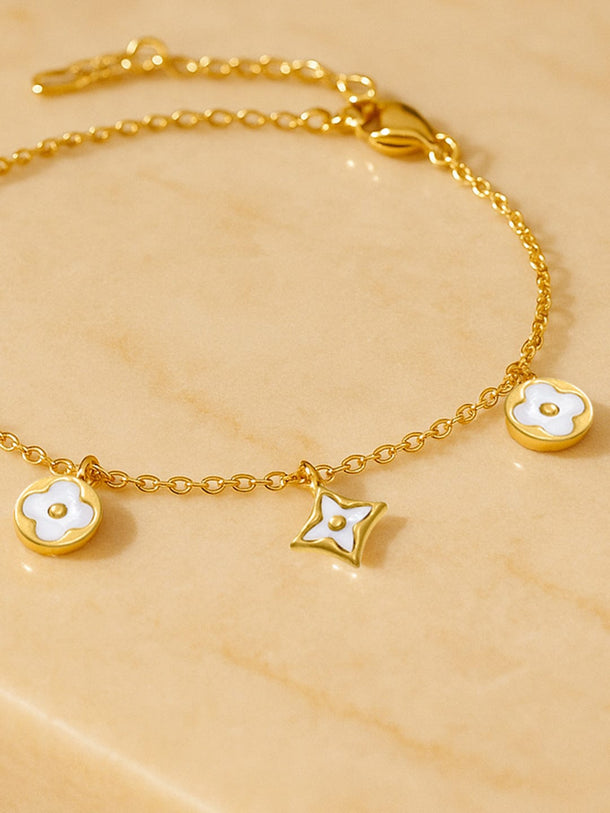 Rubans 18K Gold-Plated Stainless Steel Tarnish-Free Waterproof White Enamel Floral Charm Bracelet Bracelet