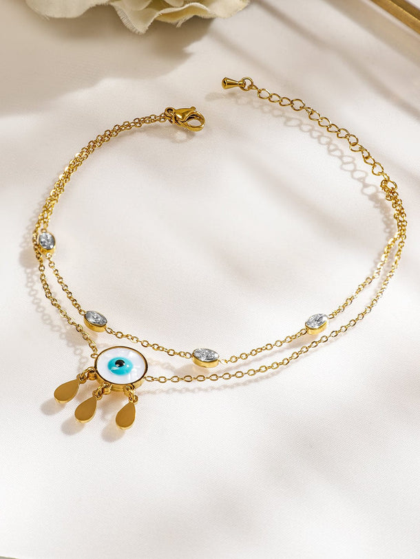 Rubans 18K Gold-Plated Stainless Steel Tarnish-Free Waterproof Zirconia & Evil Eye Anklet Anklets