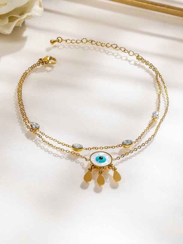Rubans 18K Gold-Plated Stainless Steel Tarnish-Free Waterproof Zirconia & Evil Eye Anklet Anklets