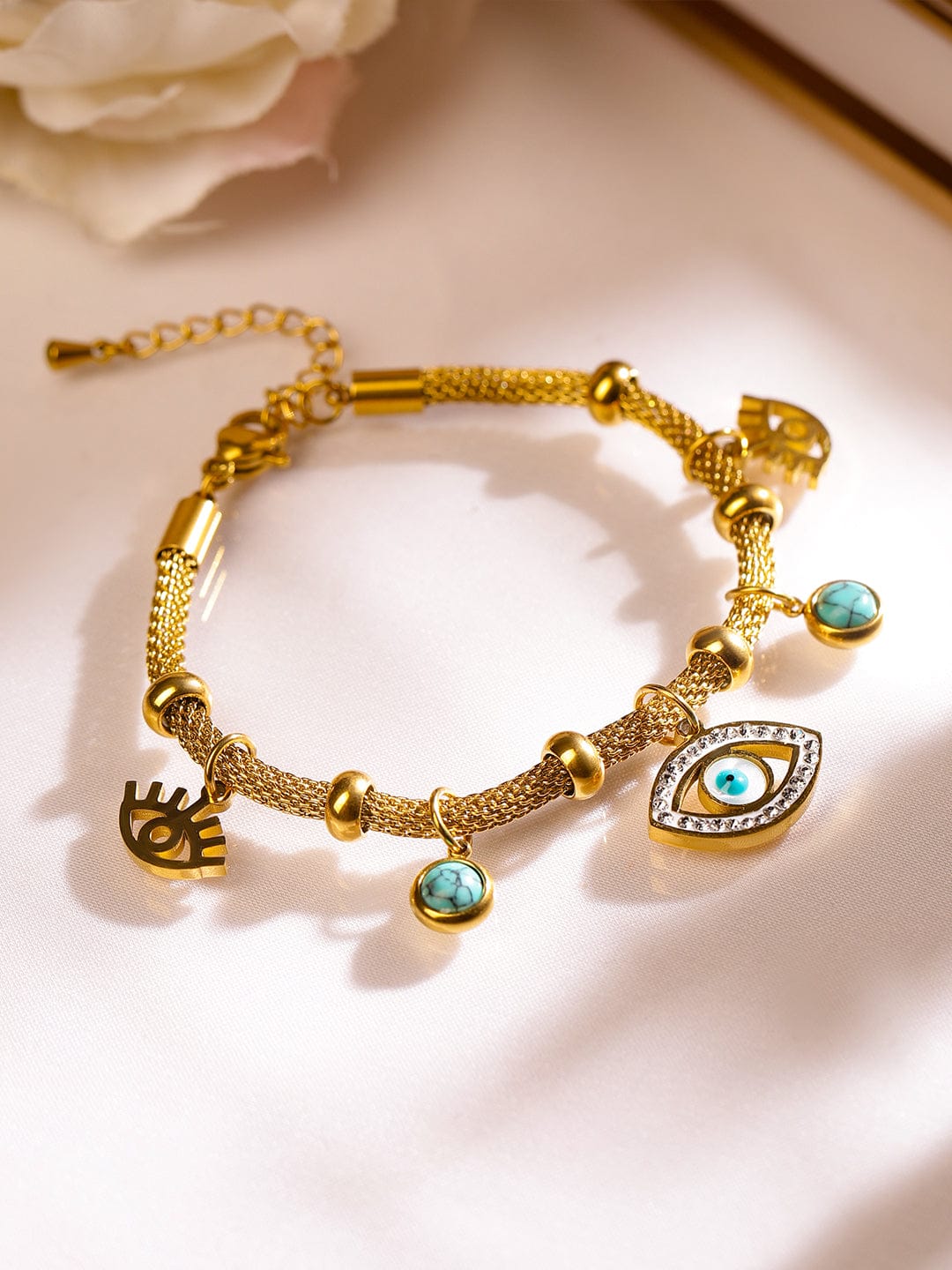Rubans 18K Gold-Plated Stainless Steel TarnishFree Waterproof Evil Eye Charm Mesh Bracelet Wristwear