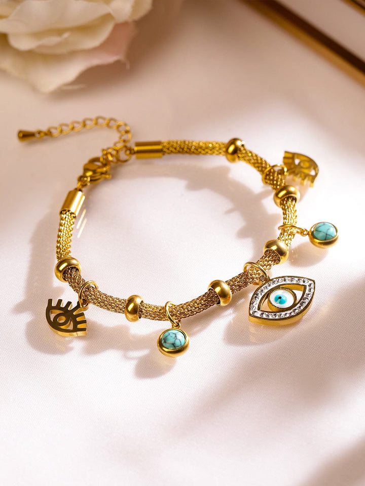 Rubans 18K Gold-Plated Stainless Steel TarnishFree Waterproof Evil Eye Charm Mesh Bracelet Wristwear