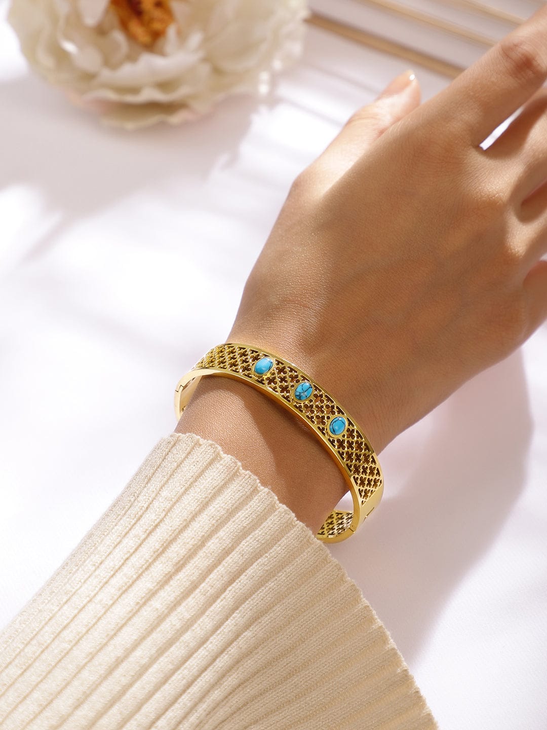 Rubans 18K Gold-Plated Stainless Steel TarnishFree Waterproof Filigree Blue Stone Bracelet Wristwear