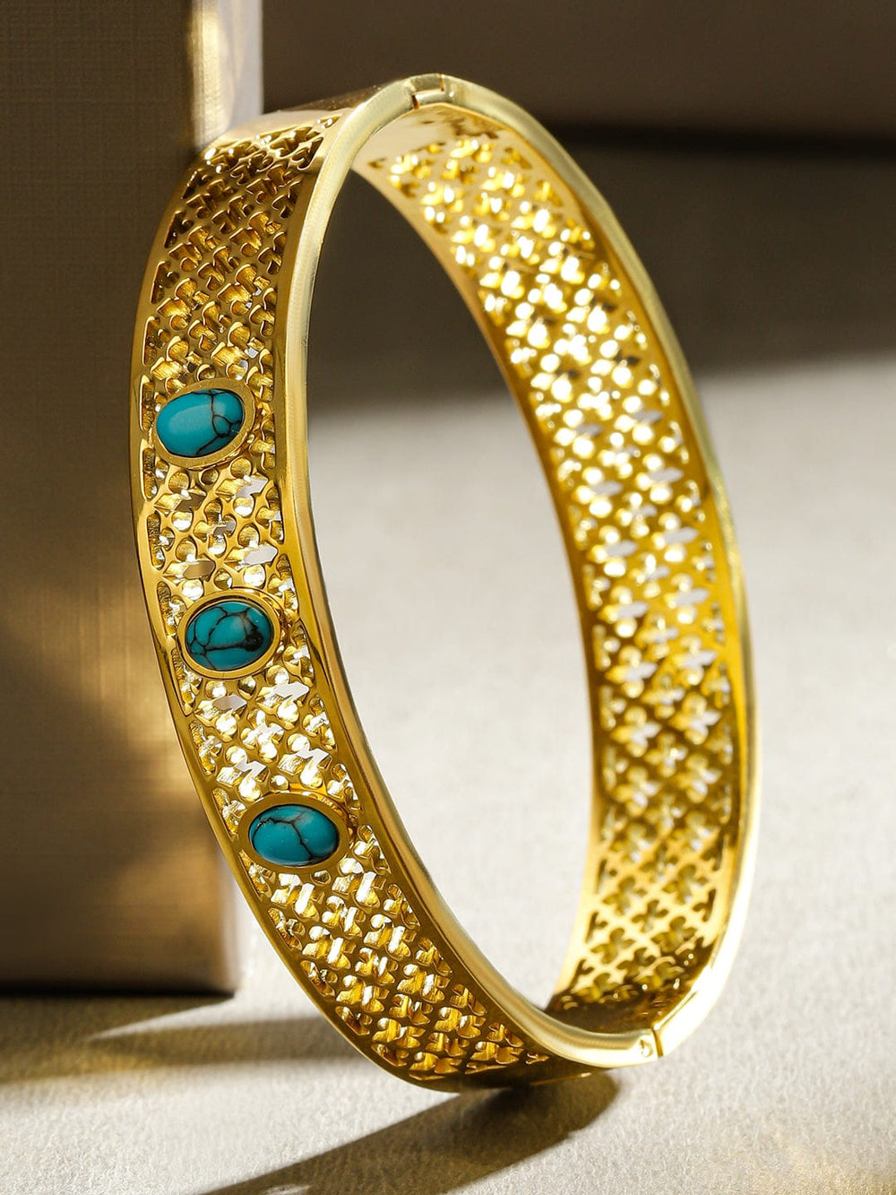 Rubans 18K Gold-Plated Stainless Steel TarnishFree Waterproof Filigree Blue Stone Bracelet Wristwear