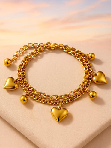 Rubans 18K Gold Plated Stainless Steel TarnishFree Waterproof Heart & Beads Charm Bracelet Bracelet
