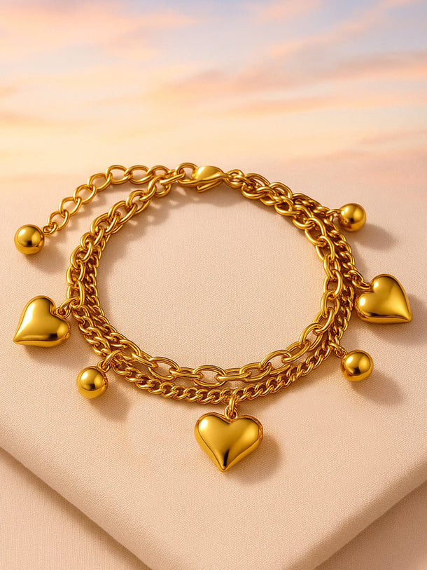 Rubans 18K Gold Plated Stainless Steel TarnishFree Waterproof Heart & Beads Charm Bracelet Bracelet