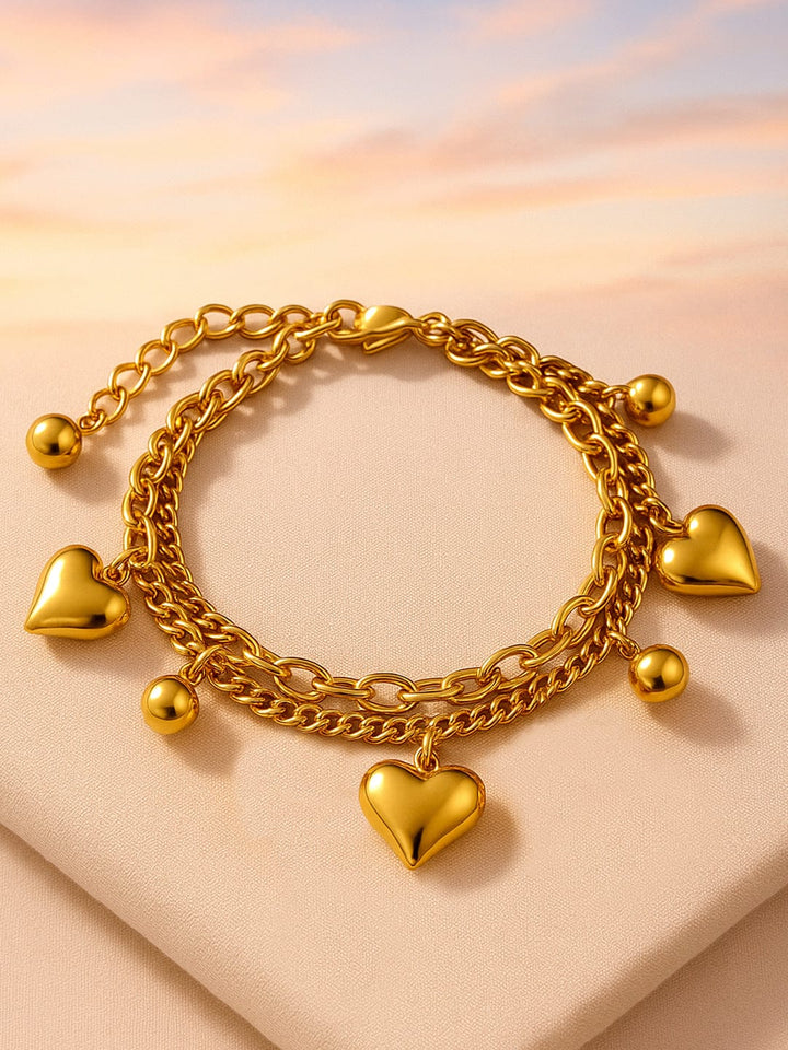 Rubans 18K Gold Plated Stainless Steel TarnishFree Waterproof Heart & Beads Charm Bracelet Bracelet