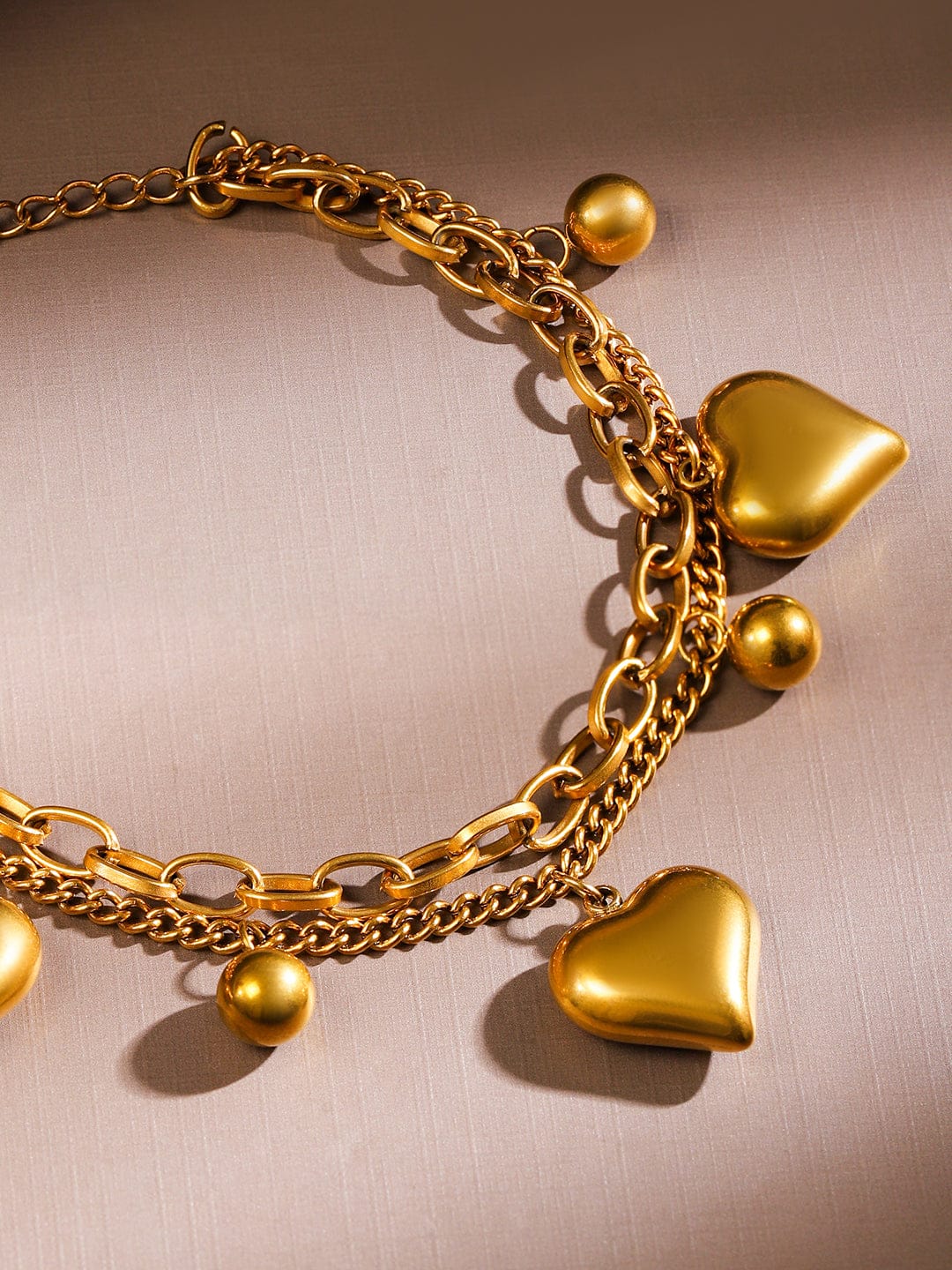 Rubans 18K Gold Plated Stainless Steel TarnishFree Waterproof Heart & Beads Charm Bracelet Wristwear