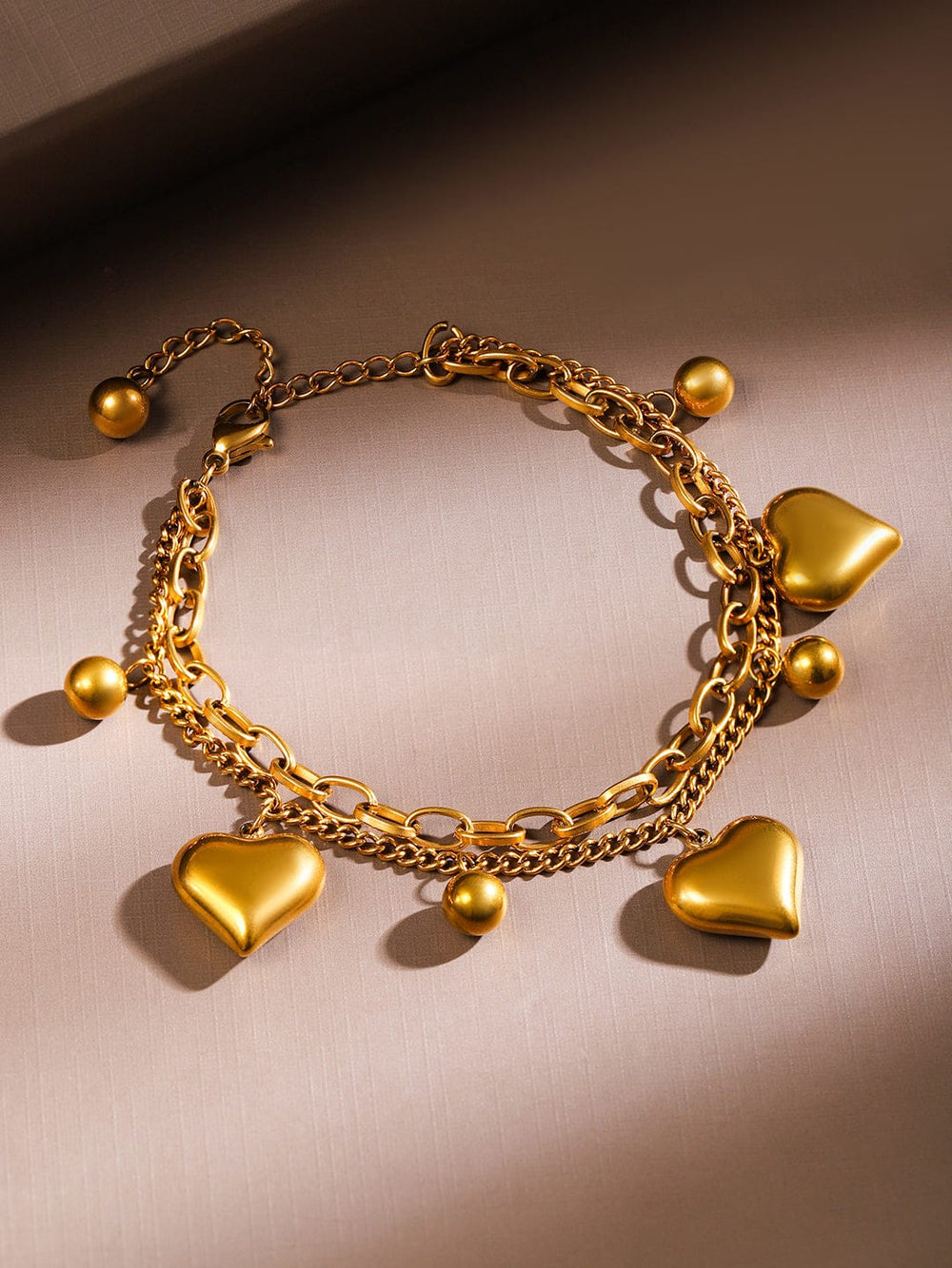 Rubans 18K Gold Plated Stainless Steel TarnishFree Waterproof Heart & Beads Charm Bracelet Wristwear