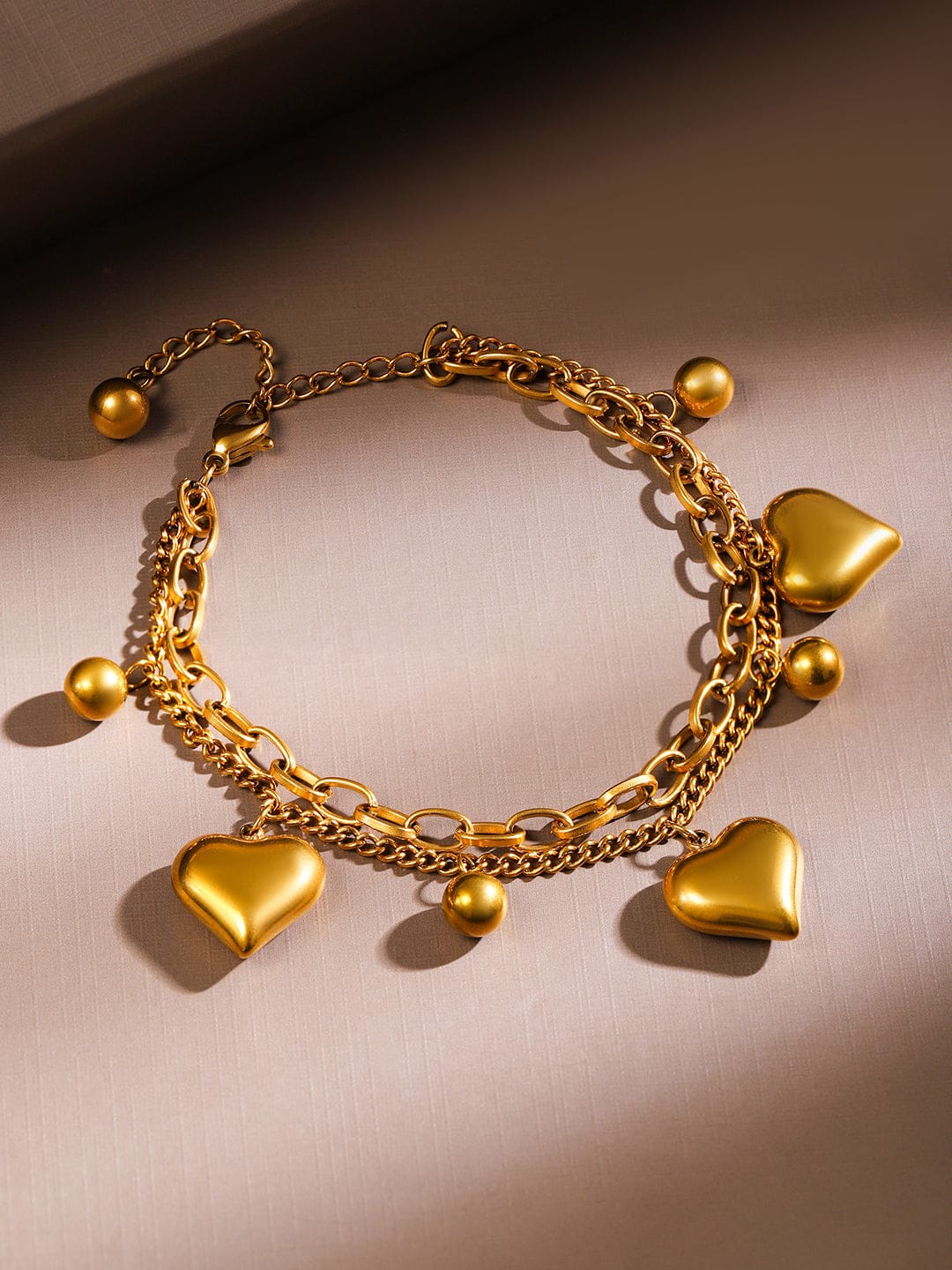 Rubans 18K Gold Plated Stainless Steel TarnishFree Waterproof Heart & Beads Charm Bracelet Wristwear