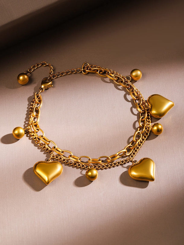 Rubans 18K Gold Plated Stainless Steel TarnishFree Waterproof Heart & Beads Charm Bracelet Wristwear