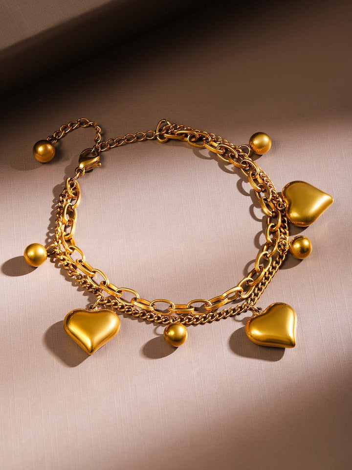 Rubans 18K Gold Plated Stainless Steel TarnishFree Waterproof Heart & Beads Charm Bracelet Wristwear